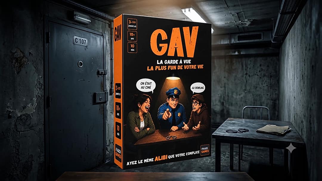 La boîte du jeu de société GAV dans une salle d'interrogatoire de garde à vue